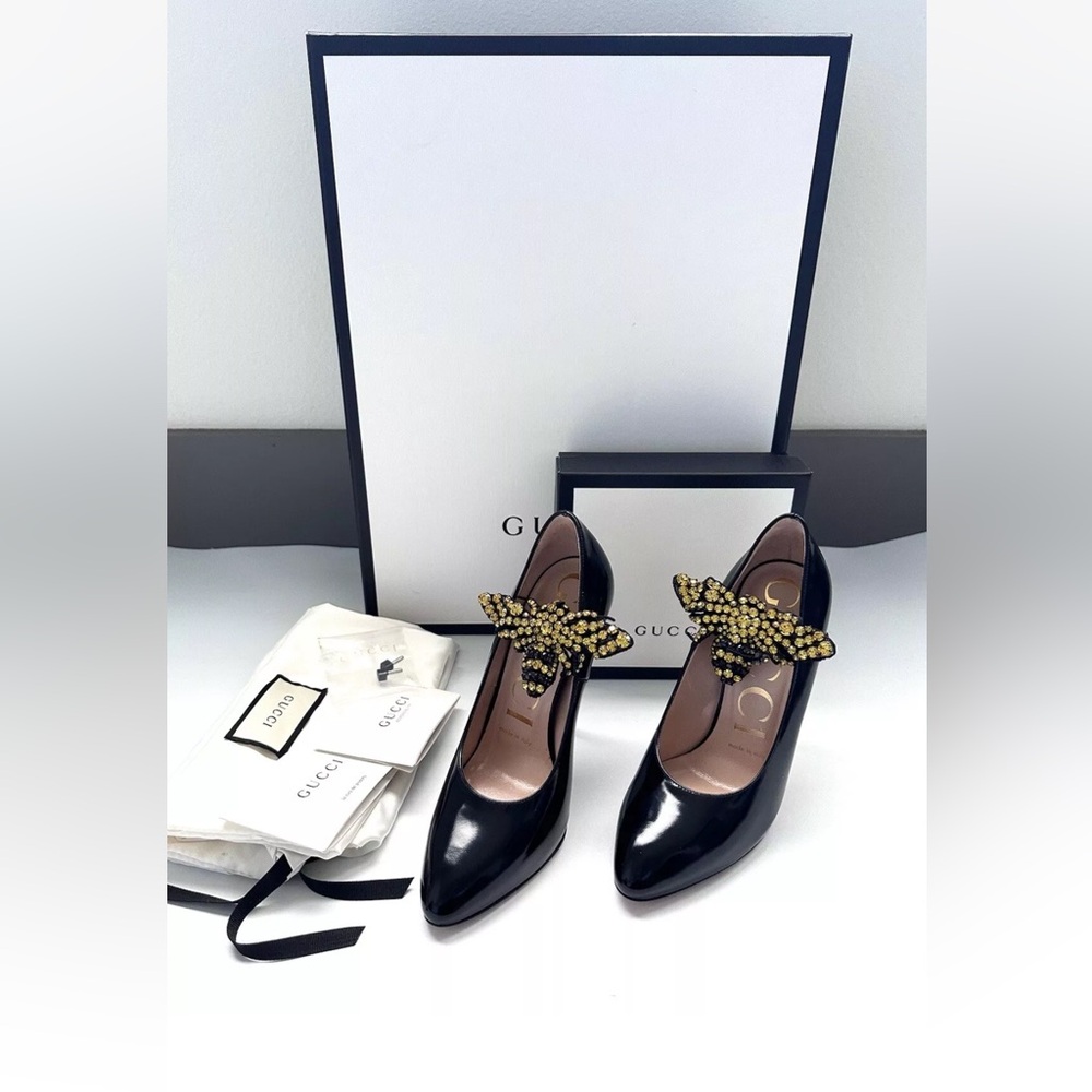 Gucci Elaisa black Leather Heels Shoes size 35 - Picture 5 of 11